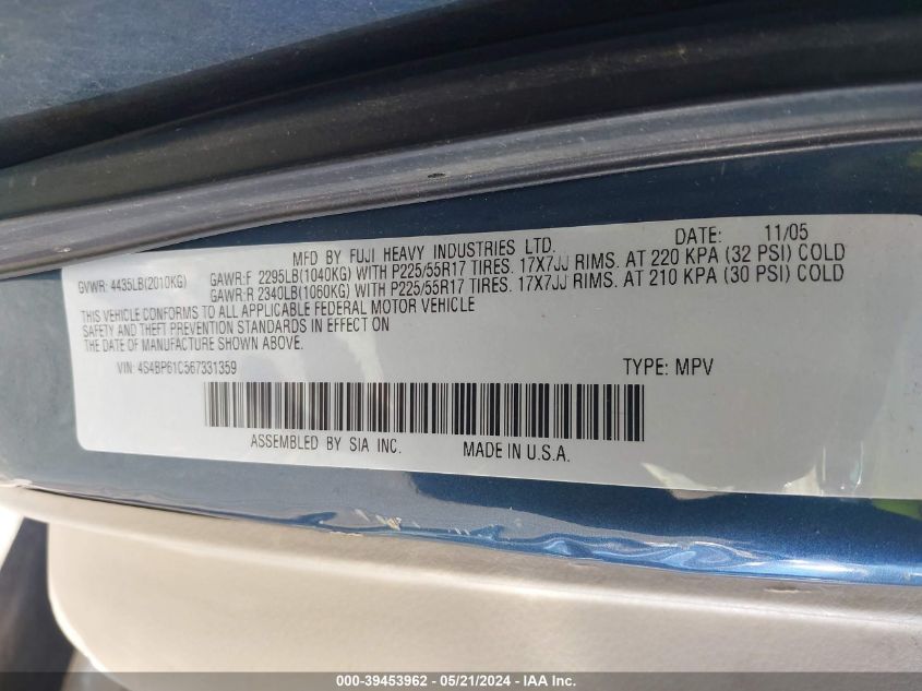 2006 Subaru Legacy Outback 2.5I VIN: 4S4BP61C567331359 Lot: 39453962