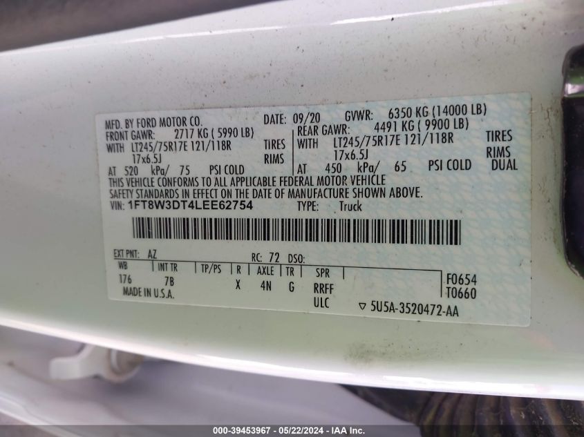 2020 Ford F-350 Platinum VIN: 1FT8W3DT4LEE62754 Lot: 39453967