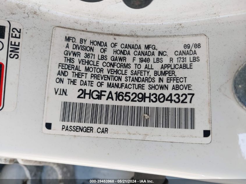 2009 Honda Civic Lx VIN: 2HGFA16529H304327 Lot: 39453968