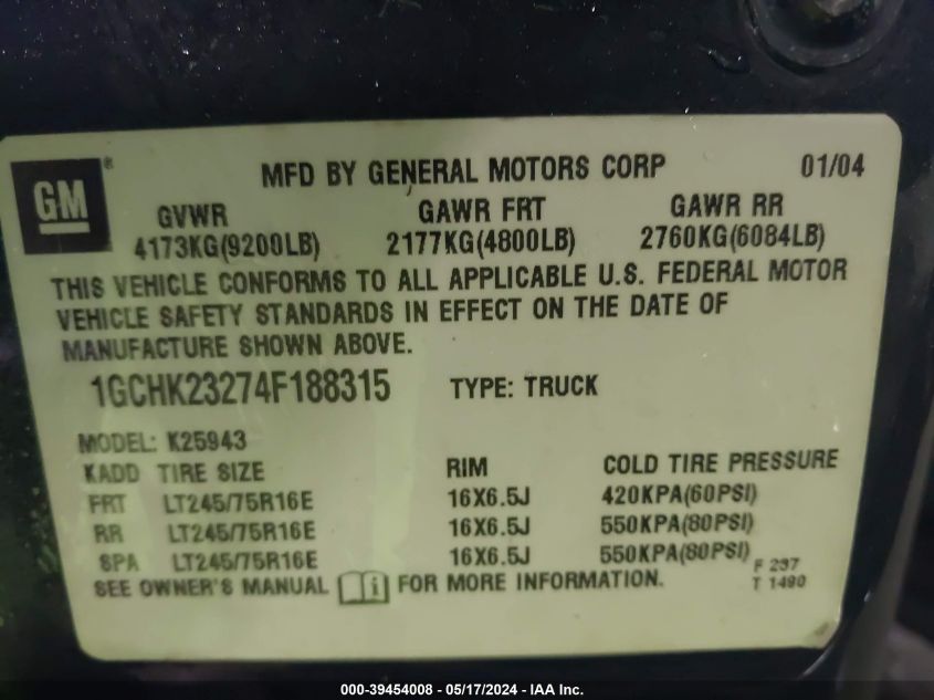 2004 Chevrolet Silverado 2500Hd Ls VIN: 1GCHK23274F188315 Lot: 39454008