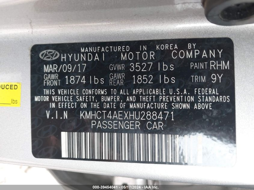 2017 Hyundai Accent Se VIN: KMHCT4AEXHU288471 Lot: 39454041