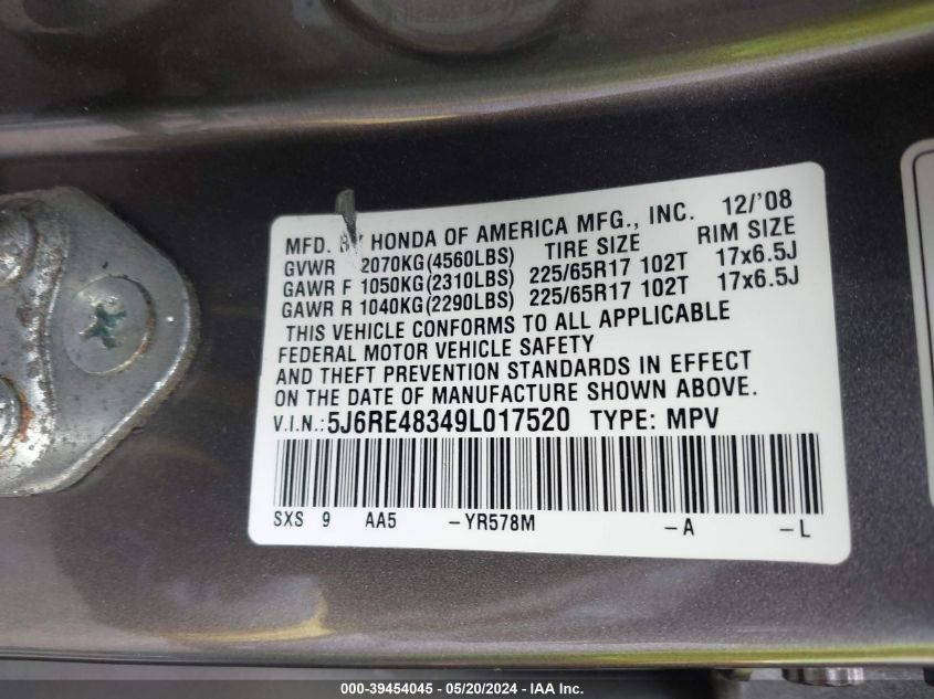 2009 Honda Cr-V Lx VIN: 5J6RE48349L017520 Lot: 39454045