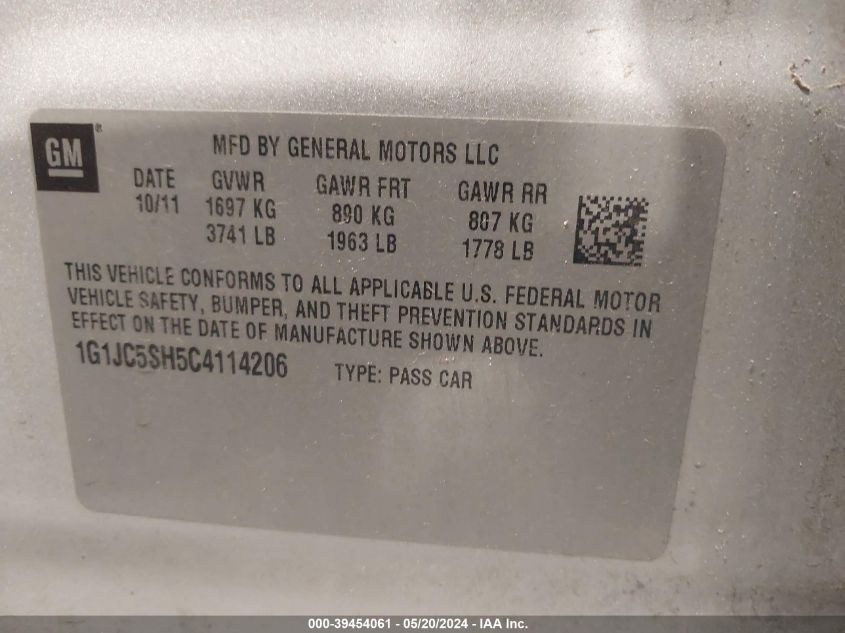 2012 Chevrolet Sonic 2Lt VIN: 1G1JC5SH5C4114206 Lot: 39454061