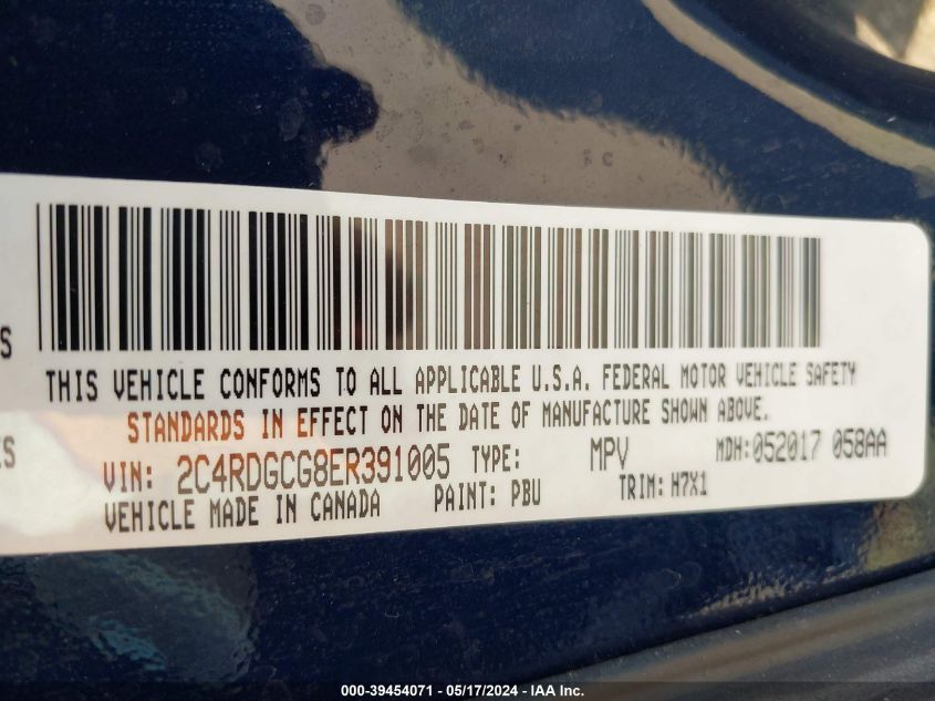 2014 Dodge Grand Caravan Sxt VIN: 2C4RDGCG8ER391005 Lot: 39454071