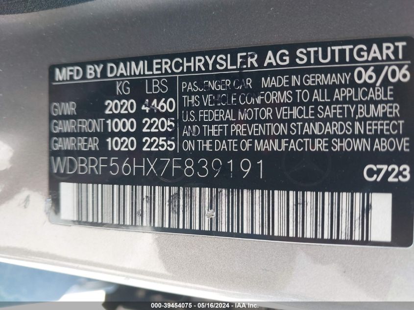 2007 Mercedes-Benz C 350 Luxury/Sport VIN: WDBRF56HX7F839191 Lot: 39454075
