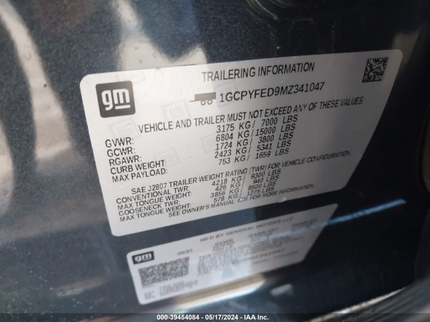 2021 Chevrolet Silverado 1500 4Wd Short Bed Lt Trail Boss VIN: 1GCPYFED9MZ341047 Lot: 39454084