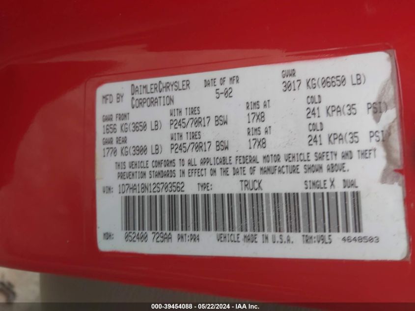 2002 Dodge Ram 1500 St VIN: 1D7HA18N12S703562 Lot: 39454088