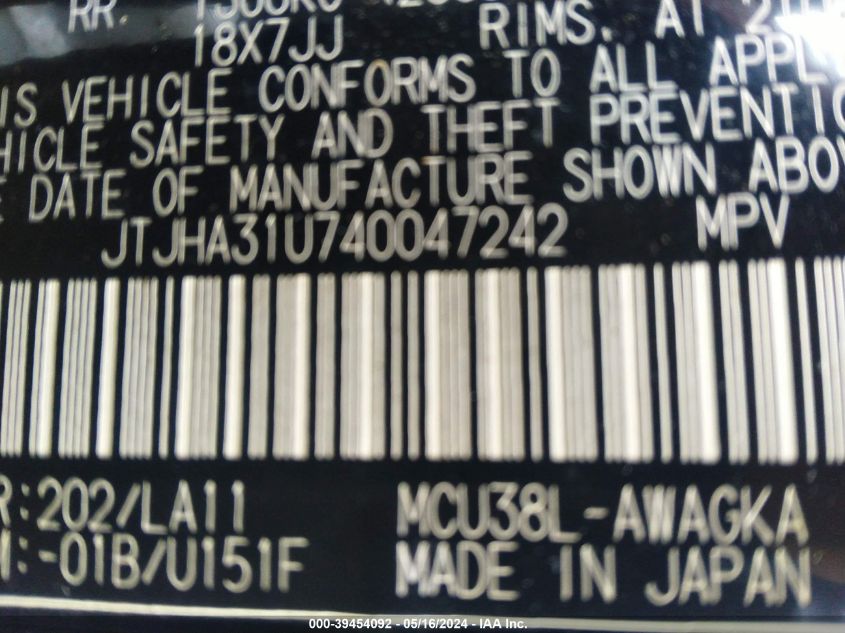 2004 Lexus Rx 330 VIN: JTJHA31U740047242 Lot: 39454092