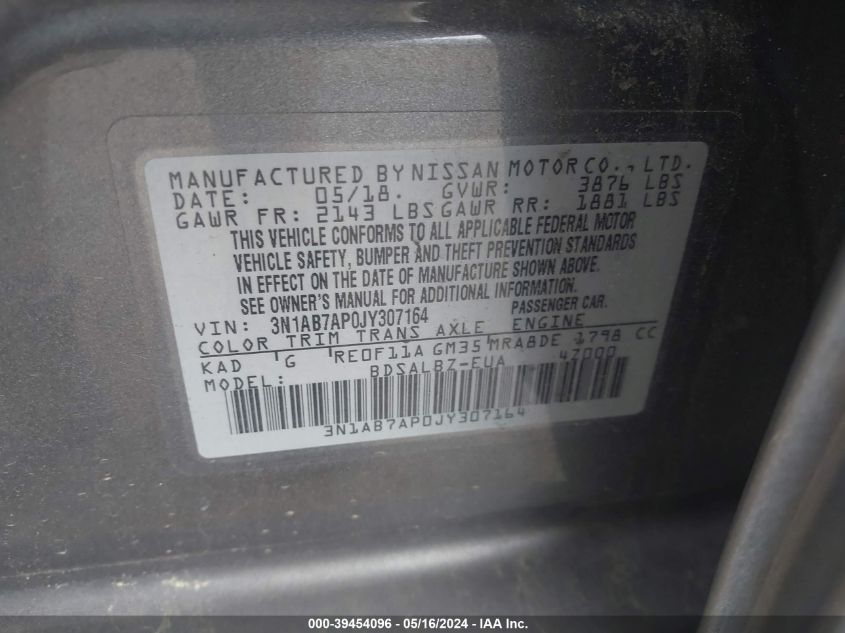 2018 Nissan Sentra S VIN: 3N1AB7AP0JY307164 Lot: 39454096