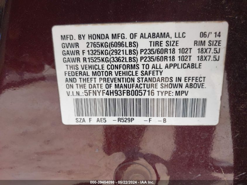 2015 Honda Pilot Touring VIN: 5FNYF4H93FB005716 Lot: 39454098