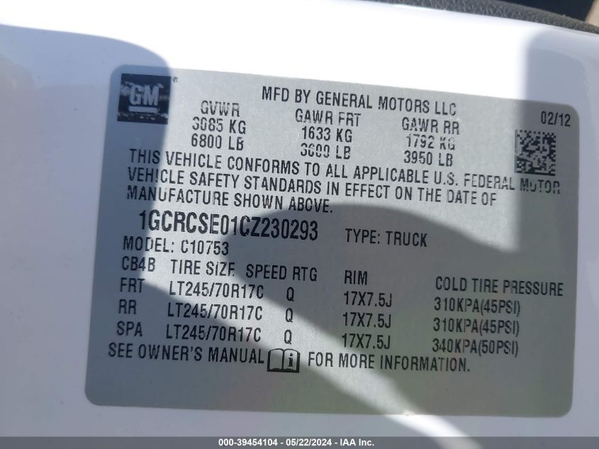 2012 Chevrolet Silverado 1500 Lt VIN: 1GCRCSE01CZ230293 Lot: 39454104