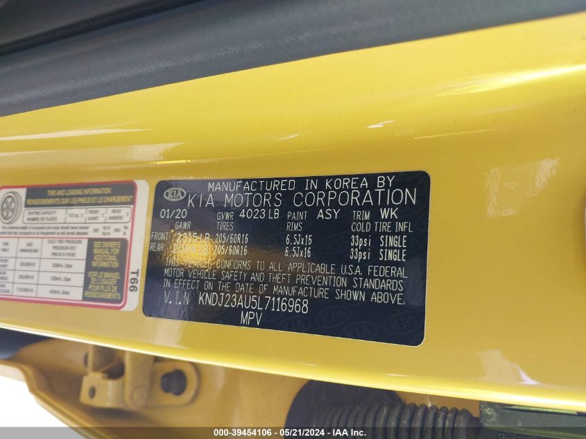 2020 Kia Soul Lx VIN: KNDJ23AU5L7116968 Lot: 39454106