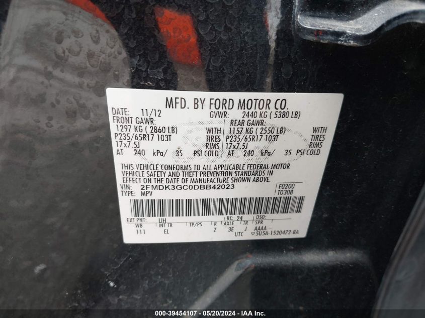 2013 Ford Edge Se VIN: 2FMDK3GC0DBB42023 Lot: 39454107