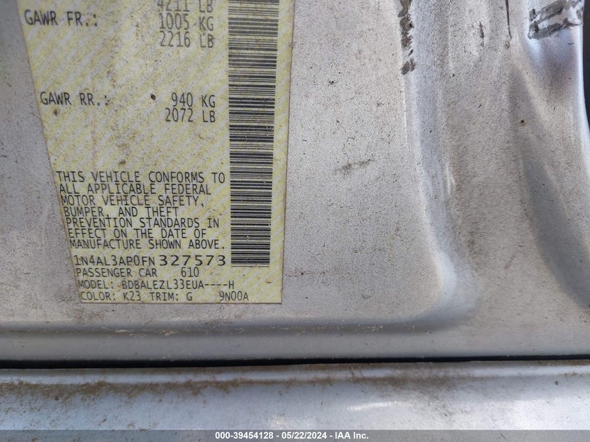 2015 Nissan Altima 2.5 S VIN: 1N4AL3AP0FN327573 Lot: 39454128