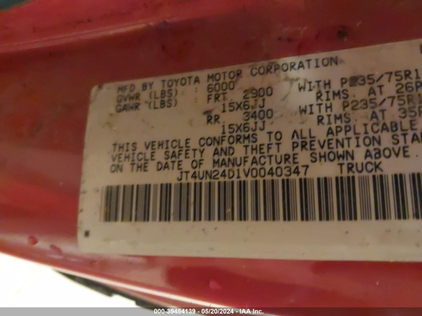 1997 Toyota T100 Sr5 V6 VIN: JT4UN24D1V0040347 Lot: 39454139