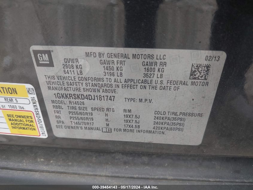 2013 GMC Acadia Slt-2 VIN: 1GKKRSKD4DJ181747 Lot: 39454143