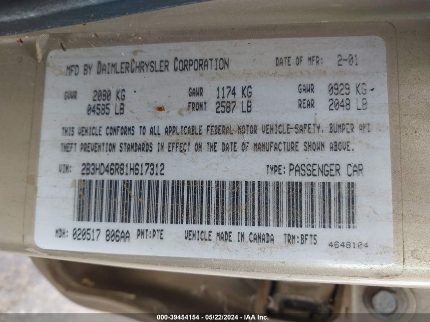 2001 Dodge Intrepid Se VIN: 2B3HD46R81H617312 Lot: 39454154