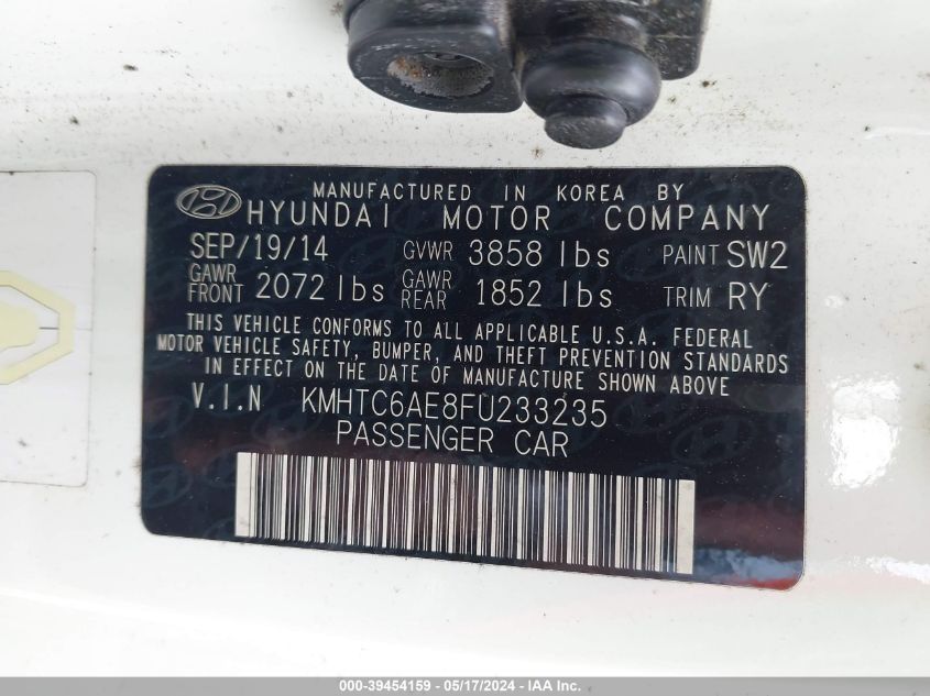 2015 Hyundai Veloster Turbo VIN: KMHTC6AE8FU233235 Lot: 39454159