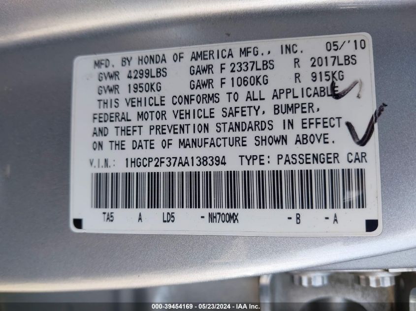 2010 Honda Accord 2.4 Lx VIN: 1HGCP2F37AA138394 Lot: 39454169