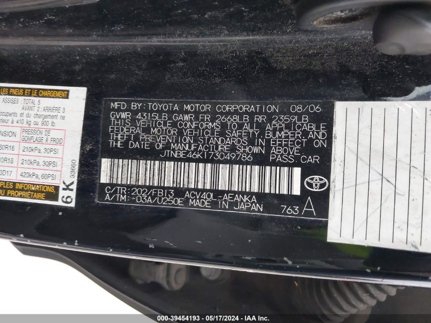 2007 Toyota Camry Le VIN: JTNBE46K173049786 Lot: 39454193