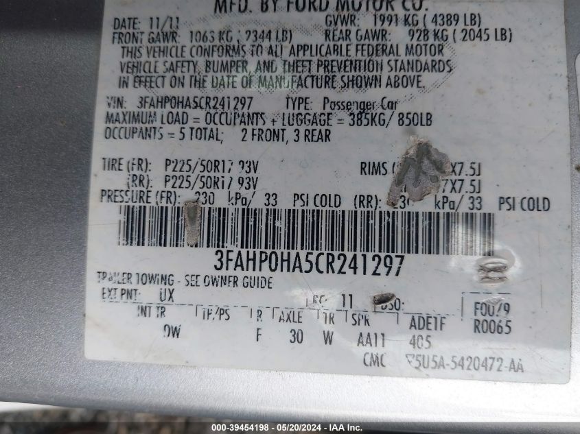 2012 Ford Fusion Se VIN: 3FAHP0HA5CR241297 Lot: 39454198