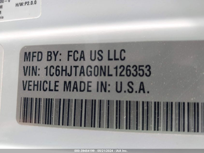 2022 Jeep Gladiator Altitude 4X4 VIN: 1C6HJTAG0NL126353 Lot: 39454199