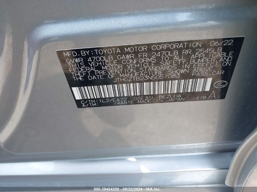 2022 Lexus Is 350 F Sport VIN: JTHGZ1B23N5057083 Lot: 39454200