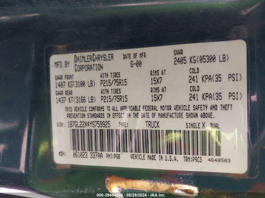 2000 Dodge Dakota Slt/Sport VIN: 1B7GL22X4YS759925 Lot: 39454208