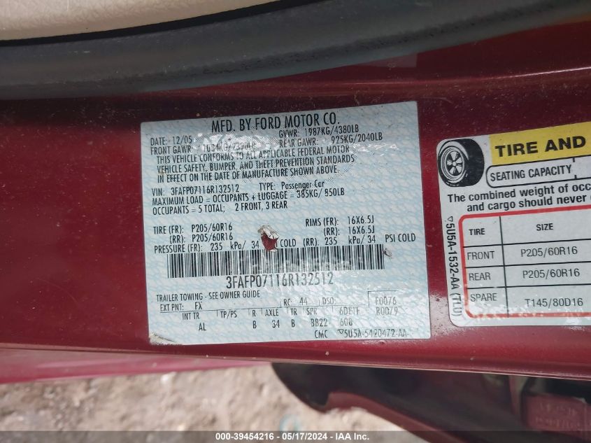 2006 Ford Fusion Se VIN: 3FAFP07116R132512 Lot: 39454216