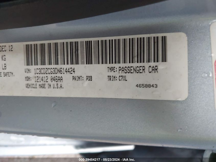 2013 Dodge Avenger Sxt VIN: 1C3CDZCG3DN614424 Lot: 39454217