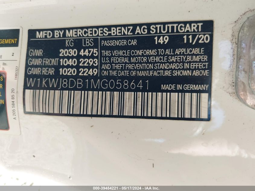 2021 Mercedes-Benz C 300 Coupe VIN: W1KWJ8DB1MG058641 Lot: 39454221