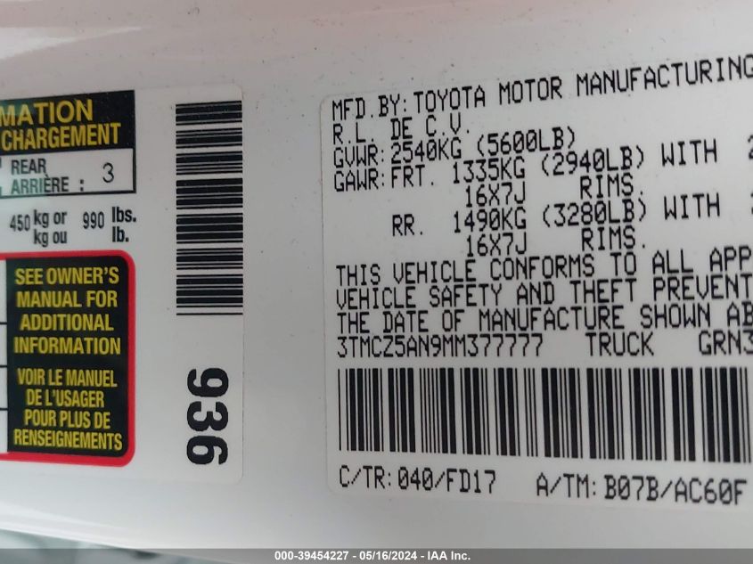 2021 Toyota Tacoma Trd Off-Road VIN: 3TMCZ5AN9MM377777 Lot: 39454227