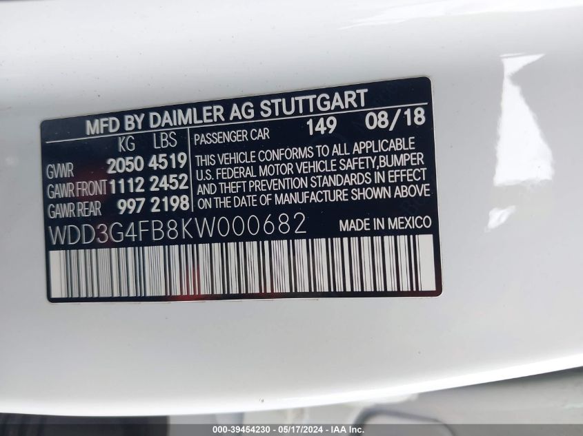 2019 Mercedes-Benz A 220 4Matic VIN: WDD3G4FB8KW000682 Lot: 39454230
