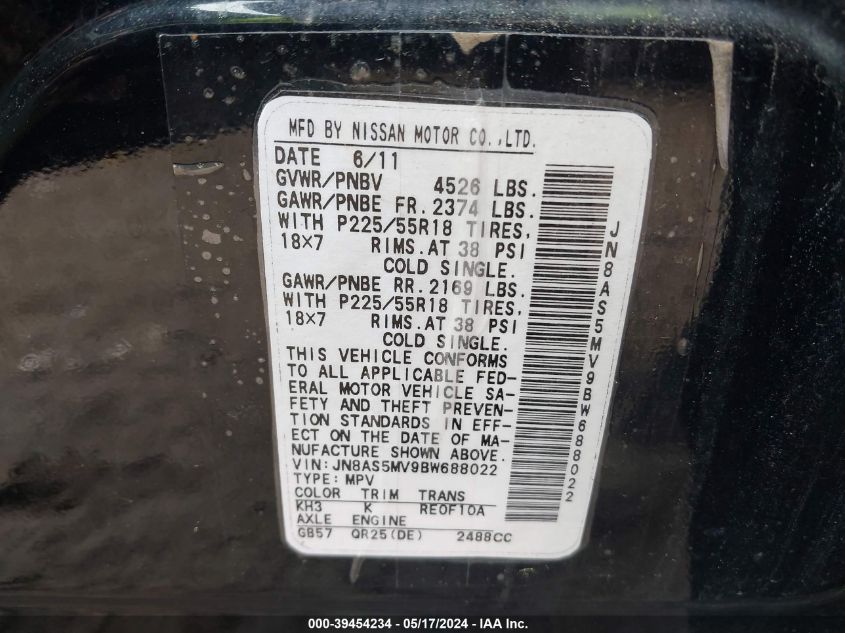 2011 Nissan Rogue Sv VIN: JN8AS5MV9BW688022 Lot: 39454234