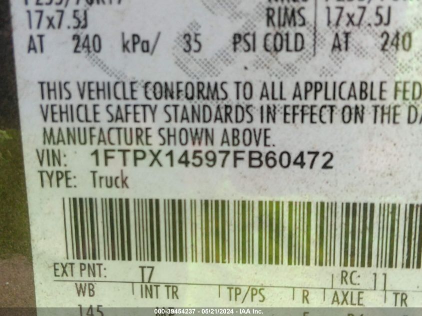 2007 Ford F-150 Fx4/Lariat/Xl/Xlt VIN: 1FTPX14597FB60472 Lot: 39454237