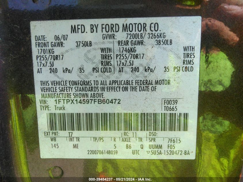 2007 Ford F-150 Fx4/Lariat/Xl/Xlt VIN: 1FTPX14597FB60472 Lot: 39454237