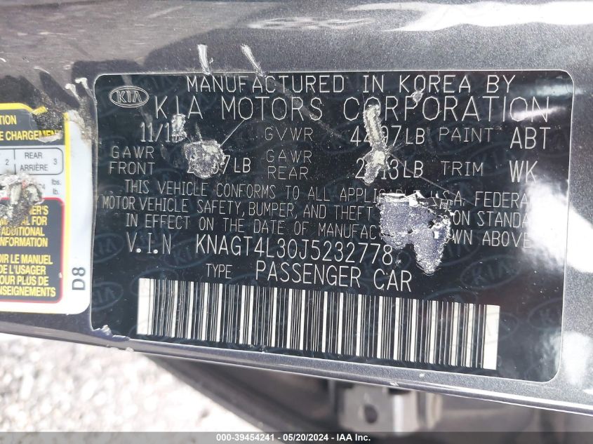 2018 Kia Optima Lx VIN: KNAGT4L30J5232778 Lot: 39454241