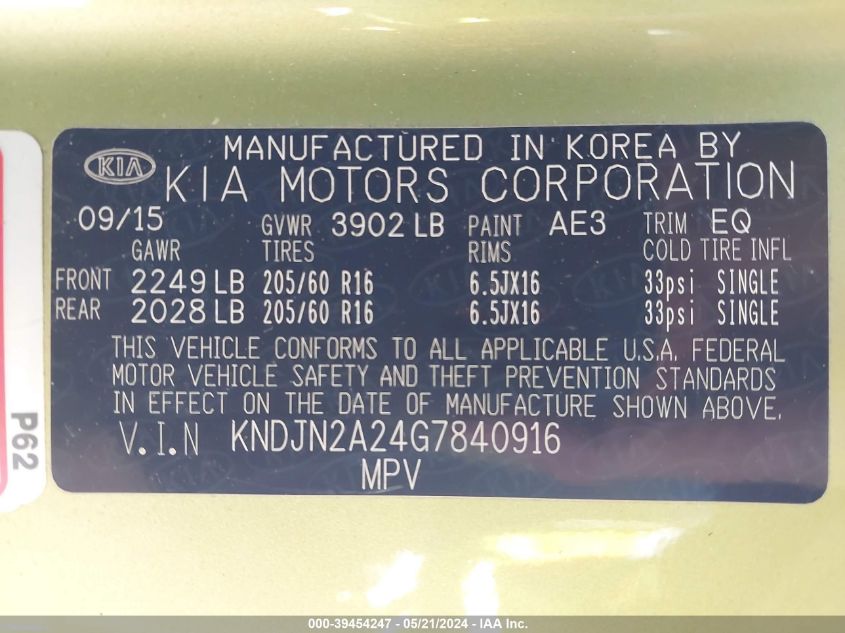 2016 Kia Soul VIN: KNDJN2A24G7840916 Lot: 39454247