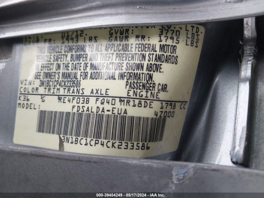 2012 Nissan Versa 1.8 S VIN: 3N1BC1CP4CK233586 Lot: 39454249