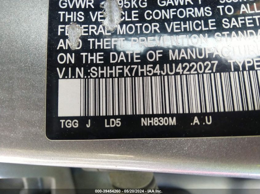 2018 Honda Civic Ex VIN: SHHFK7H54JU422027 Lot: 39454260