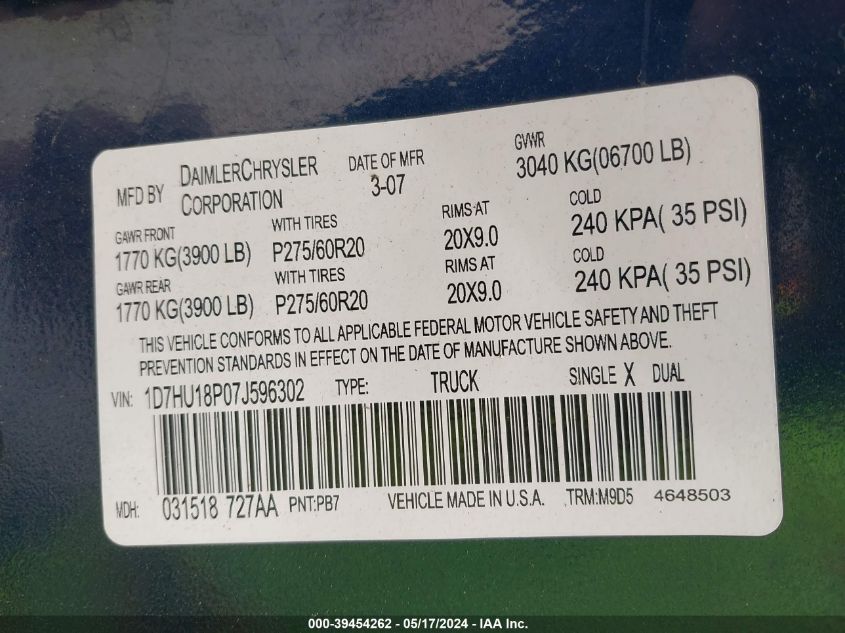 2007 Dodge Ram 1500 Slt/Trx4 Off Road/Sport VIN: 1D7HU18P07J596302 Lot: 39454262