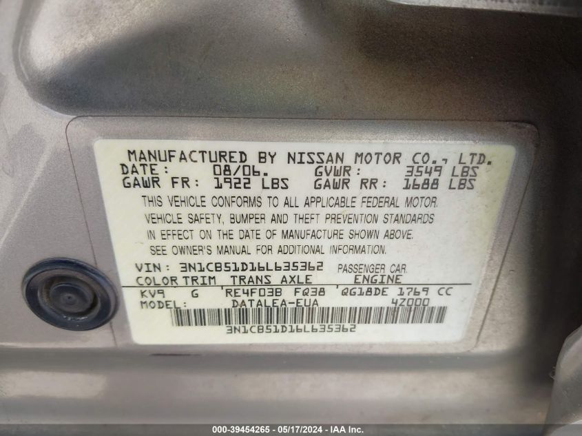 2006 Nissan Sentra 1.8/1.8S VIN: 3N1CB51D16L635362 Lot: 39454265