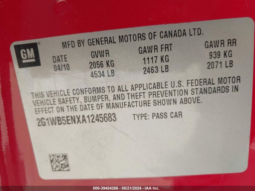 2010 Chevrolet Impala Lt VIN: 2G1WB5ENXA1245683 Lot: 39454266