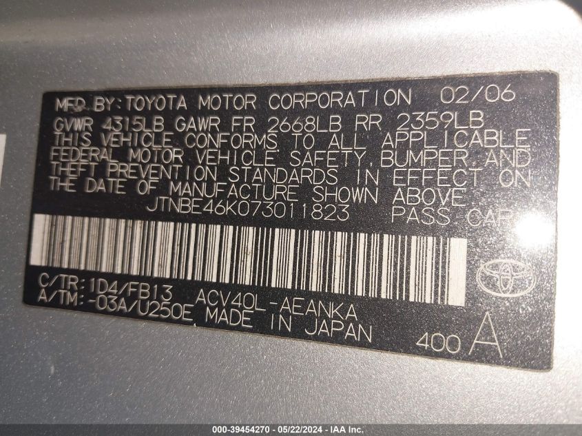 2007 Toyota Camry Le VIN: JTNBE46K073011823 Lot: 39454270