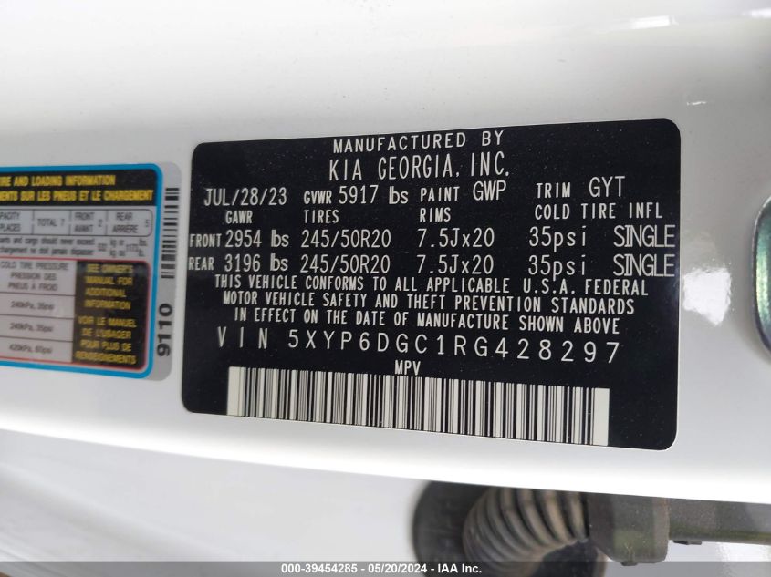 2024 Kia Telluride S VIN: 5XYP6DGC1RG428297 Lot: 39454285