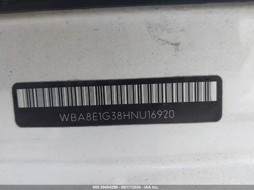 2017 BMW 320I VIN: WBA8E1G38HNU16920 Lot: 39454296