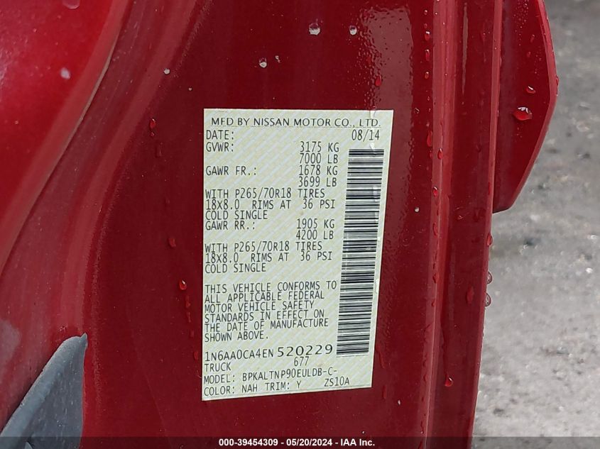 2014 Nissan Titan Sv VIN: 1N6AA0CA4EN520229 Lot: 39454309