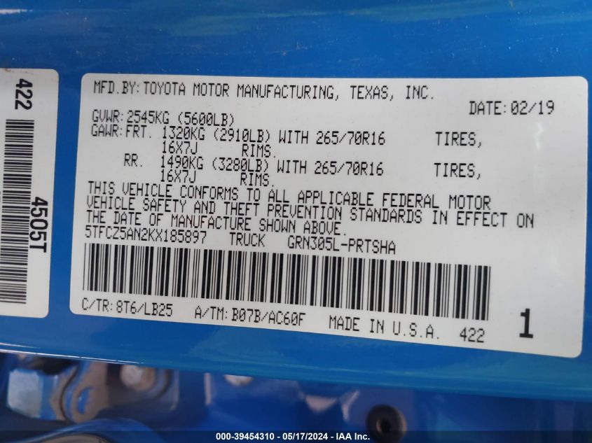 2019 Toyota Tacoma Double Cab/Sr/Sr5/Trd Spo VIN: 5TFCZ5AN2KX18589 Lot: 39454310