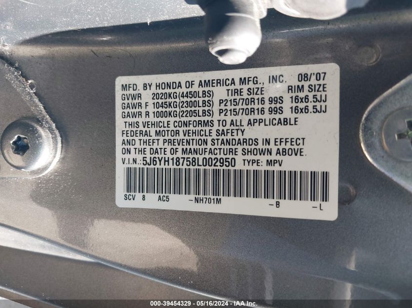 2008 Honda Element Ex VIN: 5J6YH18758L002950 Lot: 39454329