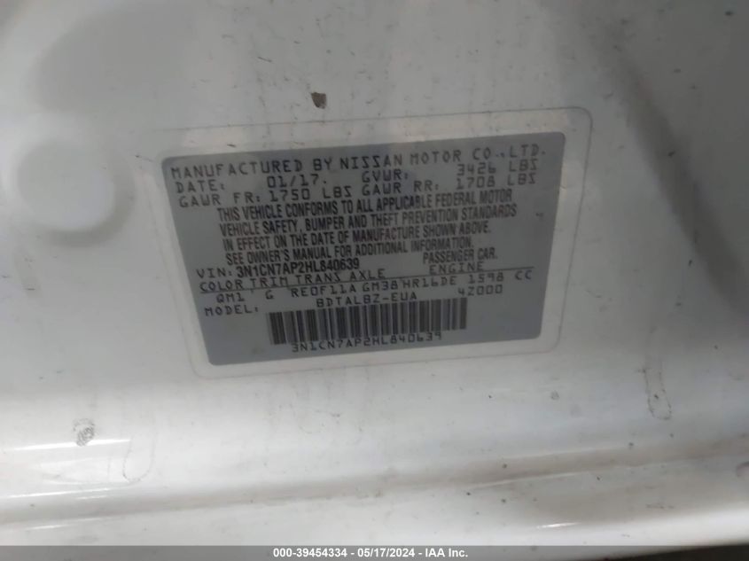 3N1CN7AP2HL840639 2017 Nissan Versa 1.6 Sv